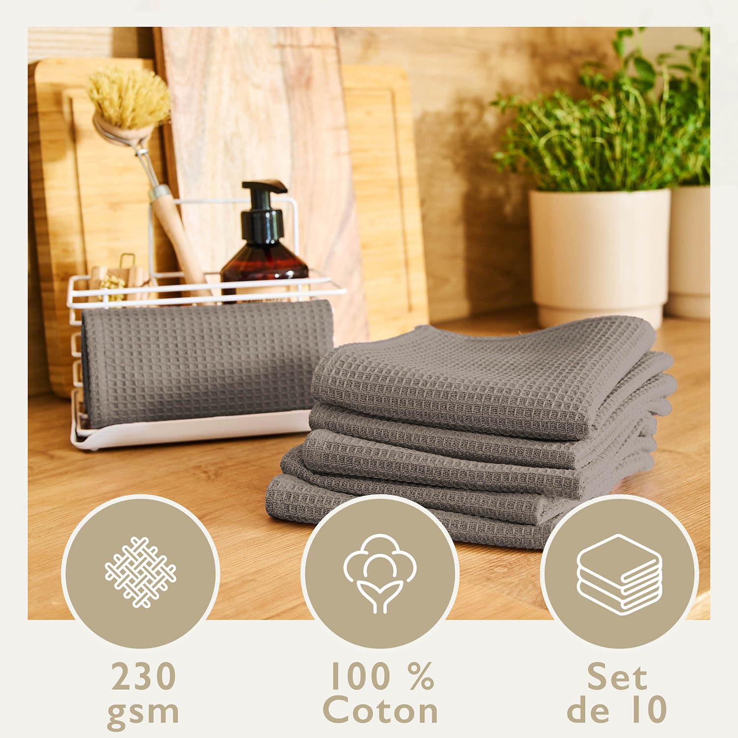 Torchons De Cuisine Blumtal - Lot De 10 - 50x70 Cm - Super Absorbants - Lavables à 95°C - Gris