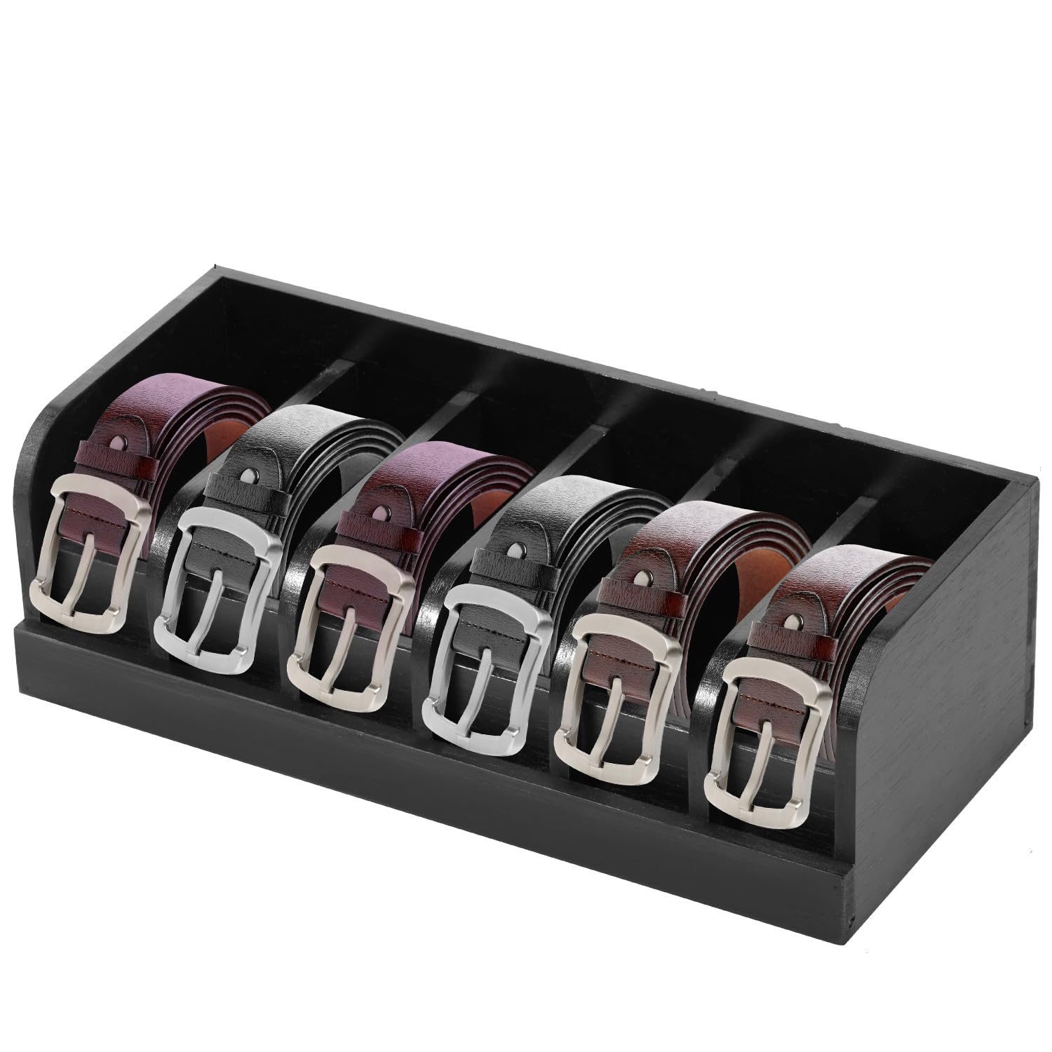 Sutowe Belt Organizer 6 Compartments Belt Storage for Closet and Drawer Bamboo Belt Display Case Belt Box Holder for Men Women Tie Jewelry Watch(black)