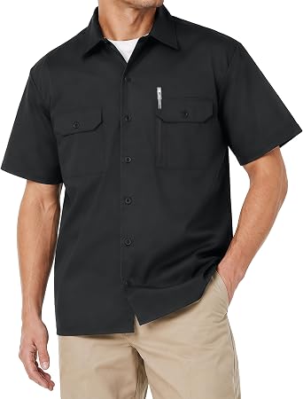 Breathable Cotton Blend Work Shirt for Men Button Up Short Sleeve 2 Pockets