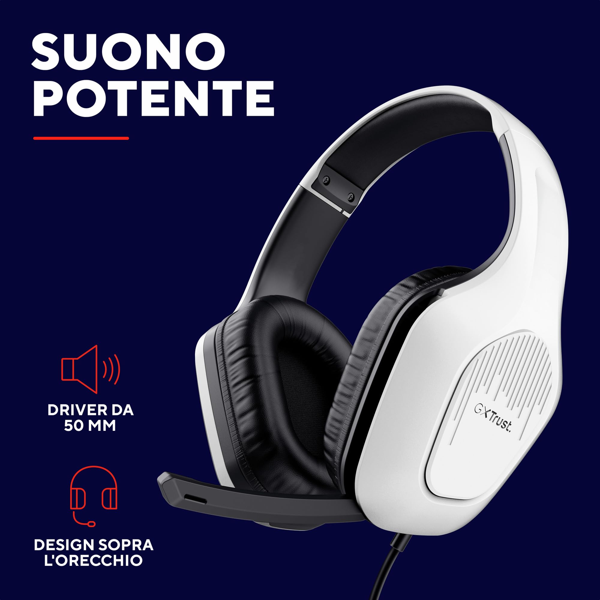 Trust Gaming GXT 418W Rayne Cuffie Gaming Leggere per PC Xbox PS4 PS5 Switch Mobile, Driver da 50 mm, Jack Audio 3.5 mm, Cavo 2m, Cuffie con Microfono Over-Ear, Bianco