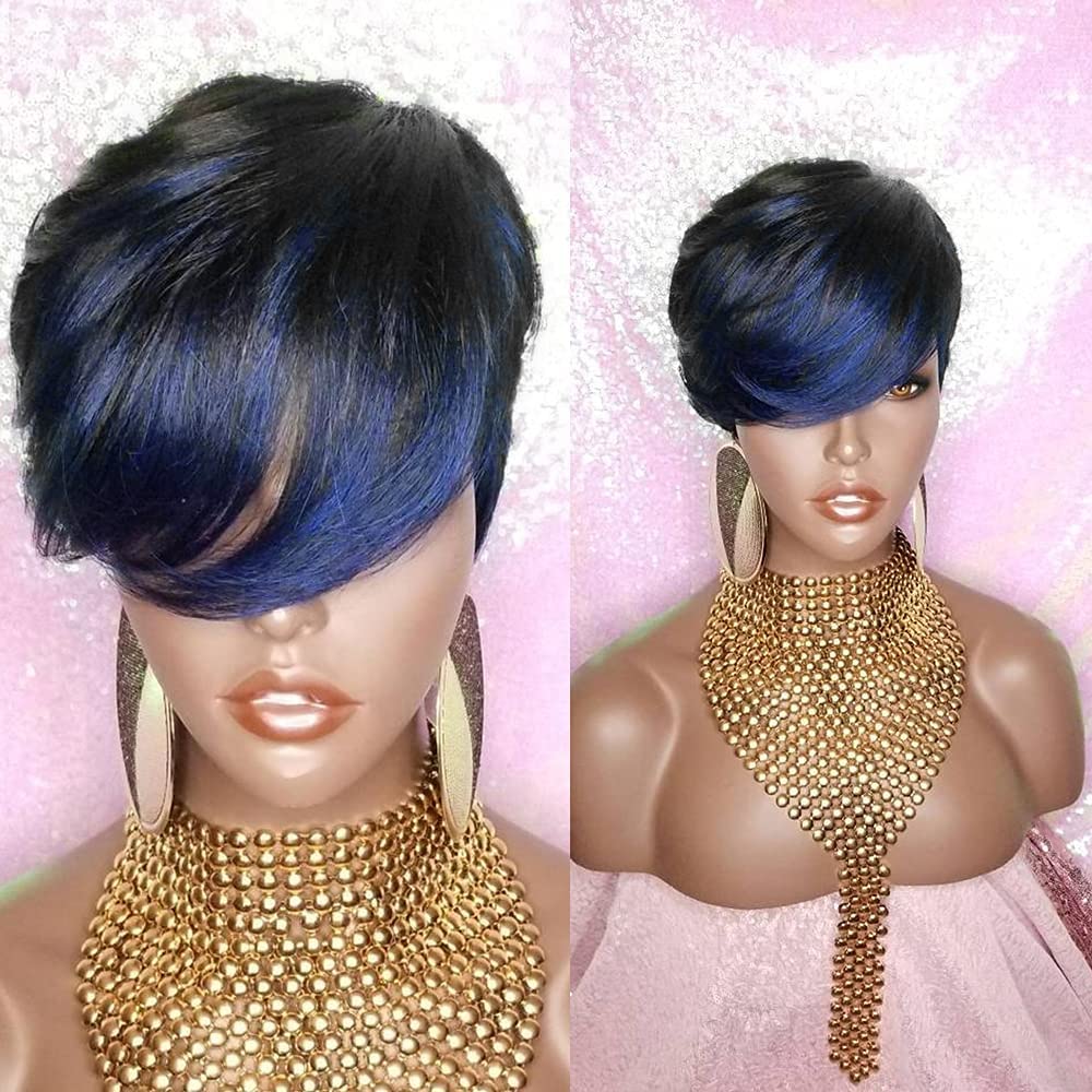 TANGCAI Pixie Cut Human Hair Wigs for Black Women Pixie Cut Wigs with Bangs 99J/613 Blonde Color Short Straight Human Hair Short Wigs with Bangs Glueless Wigs