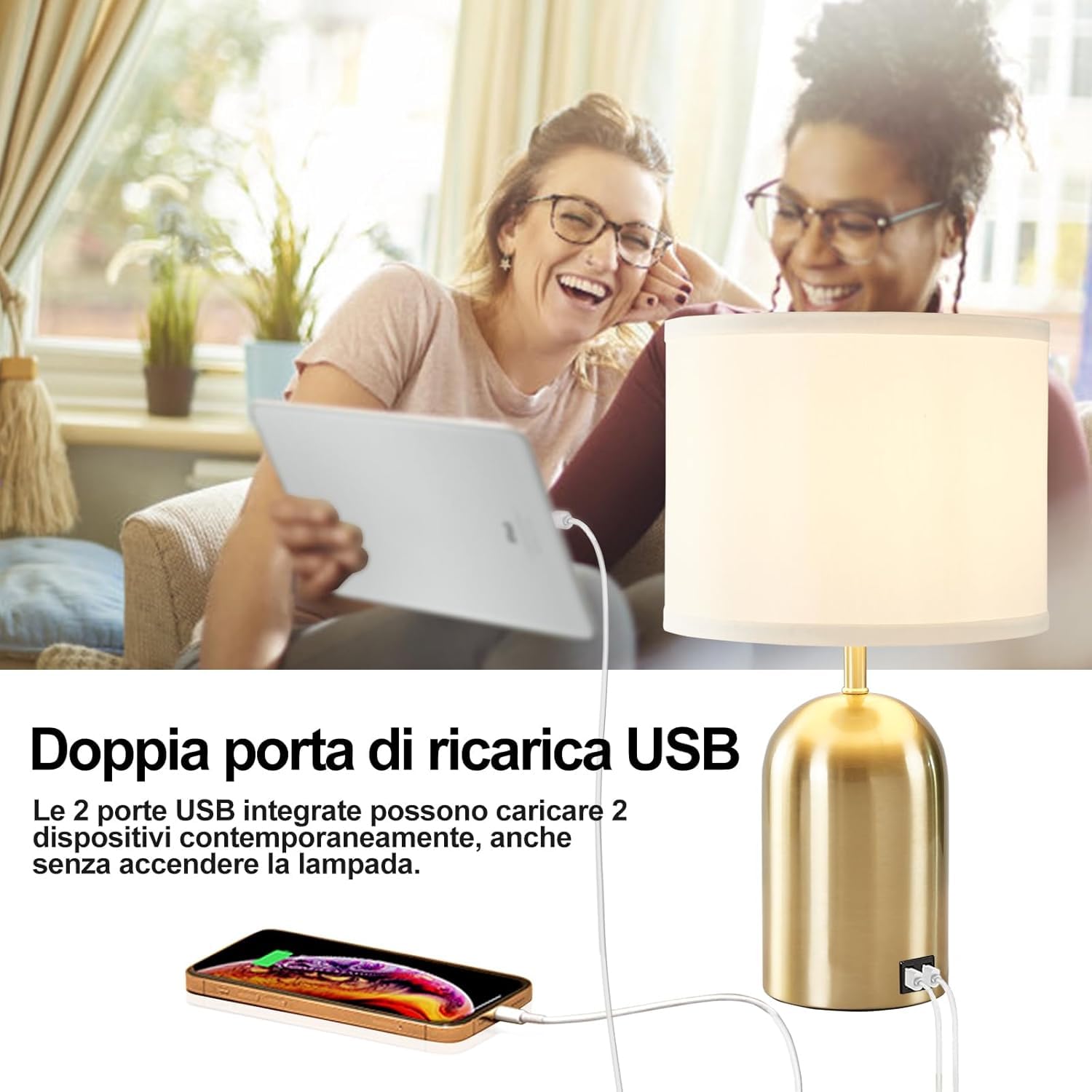 GyroVu Lampada da comodino con porta USB, lampada da tavolo con controllo touch per camera da letto, dimmerabile a 3 livelli, lampada moderna con paralume in tessuto e base dorata per soggiorno