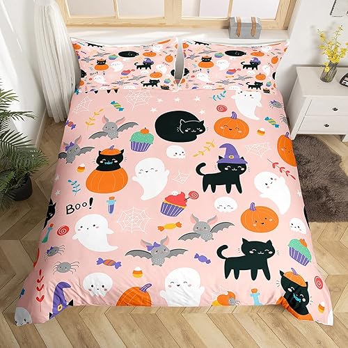 Miniatura 3 de Erosebridal Juego de ropa de cama de Feliz Halloween, tamaño individual, funda de edredón de linterna de calabaza, funda de edredón gótica, sombrero