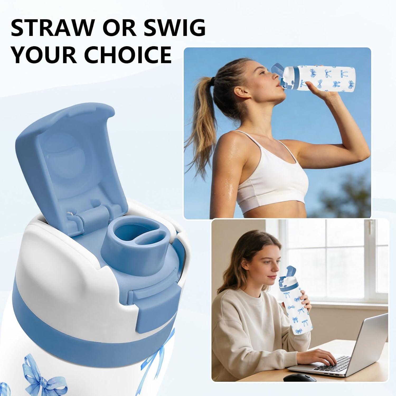 Bow 32oz Water Bottle Gifts for Women, Stainless Steel Insulated Tumbler with Handle & 2-in-1 Leak Proof Locking Lid for Outdoor Sports, Birthday Gift for Her Wife Daughter