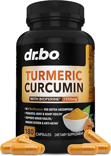 Curcumina de cúrcuma con cápsulas de suplemento BioPerine, suplementos naturales de apoyo articular con 1950 mg de cúrcuma Longa Pure Organic
