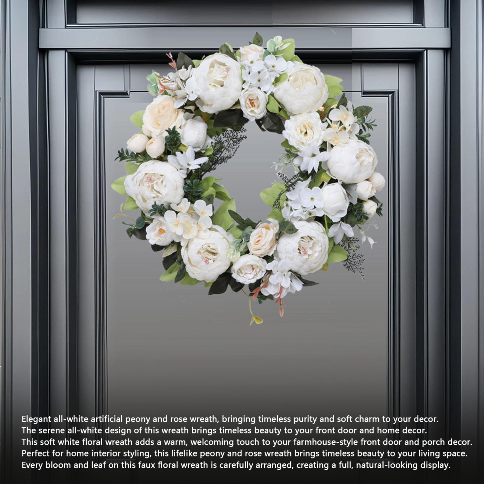 RIZGHWOY Ghirlanda Floreale di Peonia Rosa Artificiale, Decorazione da Appendere Alla Porta con Fiori Finti Fatti a Mano da 17,7 Pollici per la Casa della Parete di Nozze (WHITE)
