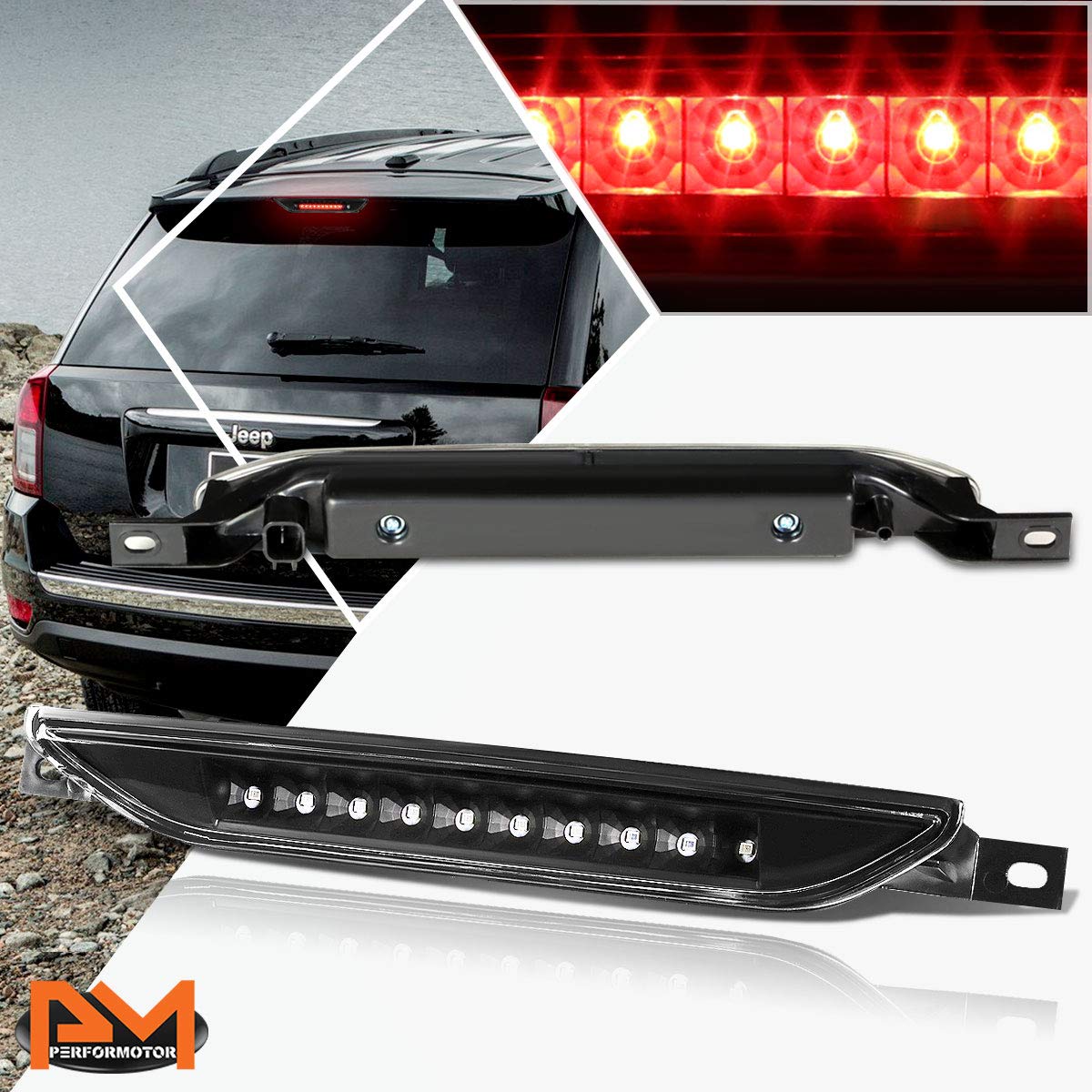 PM PERFORMOTOR LED 3rd Third Brake Light High Mount Stop Light Compatible with Jeep Grand Cherokee 11-17,Black Housing/Clear Lens