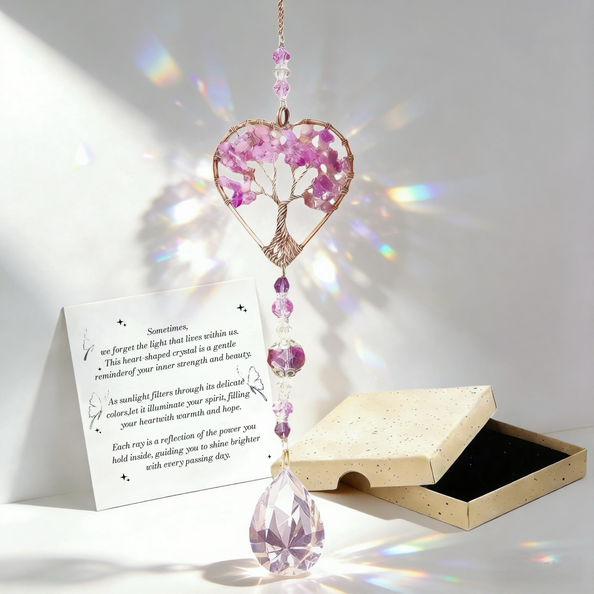Inspirational Friendship Gift for Women, New Beginnings Gifts for Her Friends Coworkers Her Wife Mom Daughter Sister Aunt, Amethyst Sun Catchers for Windows, Tree of Life Car Hanging Accessory