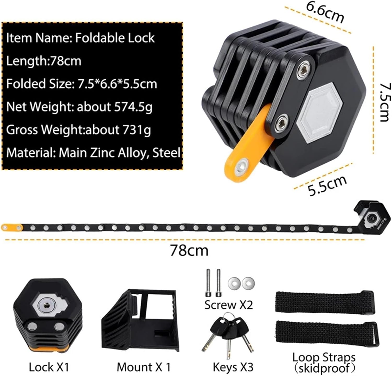 Heavy-Duty Foldable Bike Lock - Anti-Theft Chain Cable Padlock for Bicycle and Motorcycle Security with 3 Keys(85cm Password Lock)