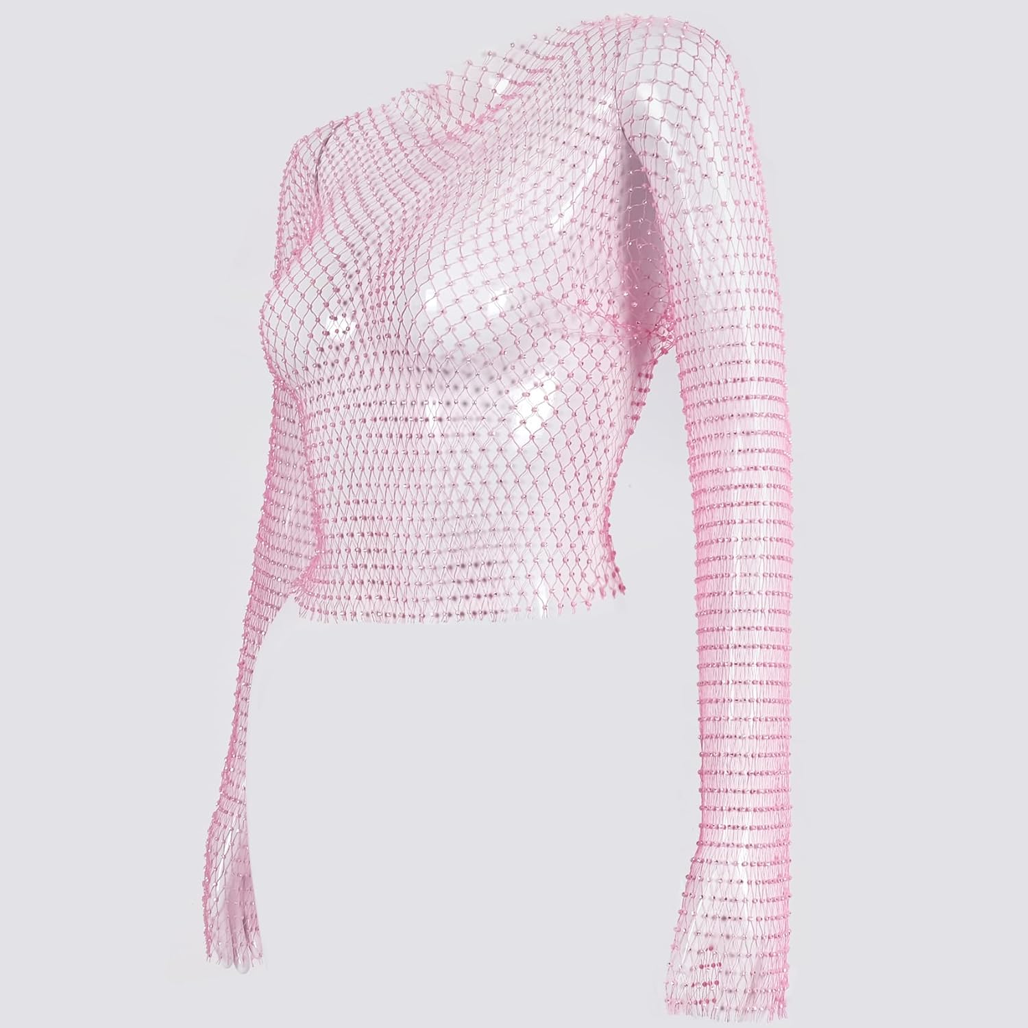 Rhinestone Crystal Crop Top, Long Sleeve Mesh Body Chains, See Through Mesh Diamond Fishnet Shirts Outfits - Image 4