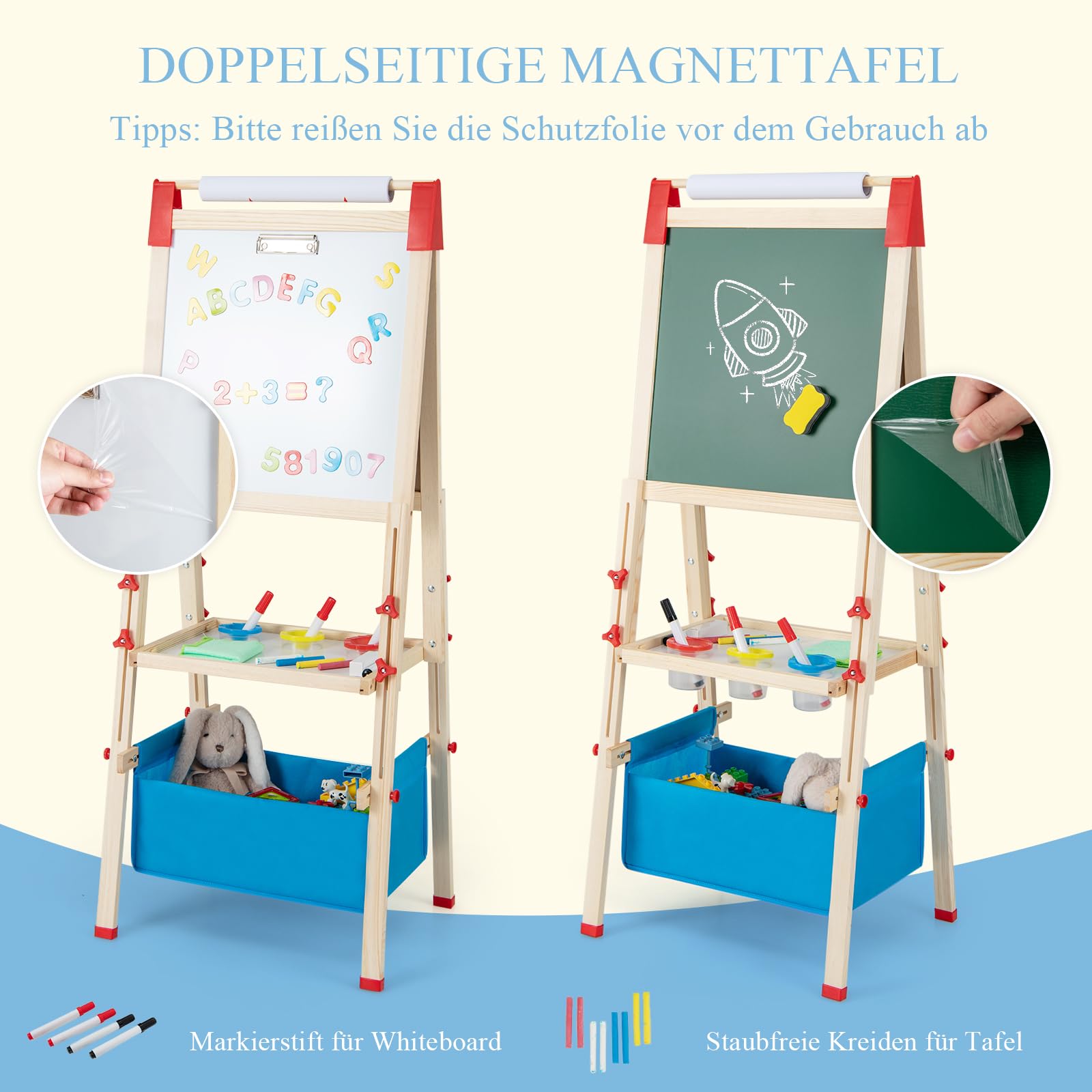 GOPLUS 3-in-1 Staffelei für Kinder, doppelseitige Kindertafel mit magnetischem Whiteboard, Papierrolle, Ablage & Malzubehör, höhenverstellbare Standtafel mit Aufbewahrungstasche für Kinder 3-8 Jahren