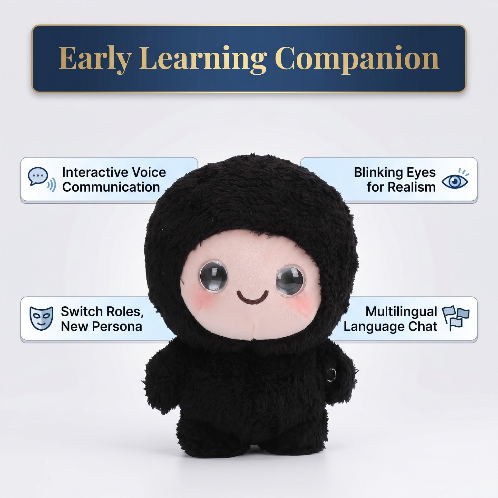 Naroote Juguete de Peluche Inteligente Que Habla AI, Juguete de Peluche Interactivo de Tela de Felpa con Chat de Voz de 66 Idiomas, Respuesta Táctil de Tutoría de Narración de Cuentos (Black)