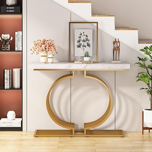 Miniatura 4 de Mesa consola dorada de 40 pulgadas, mesa geométrica para sofá, mesa decorativa moderna para sala de estar, entrada, pasillo, mármol sintético blanco