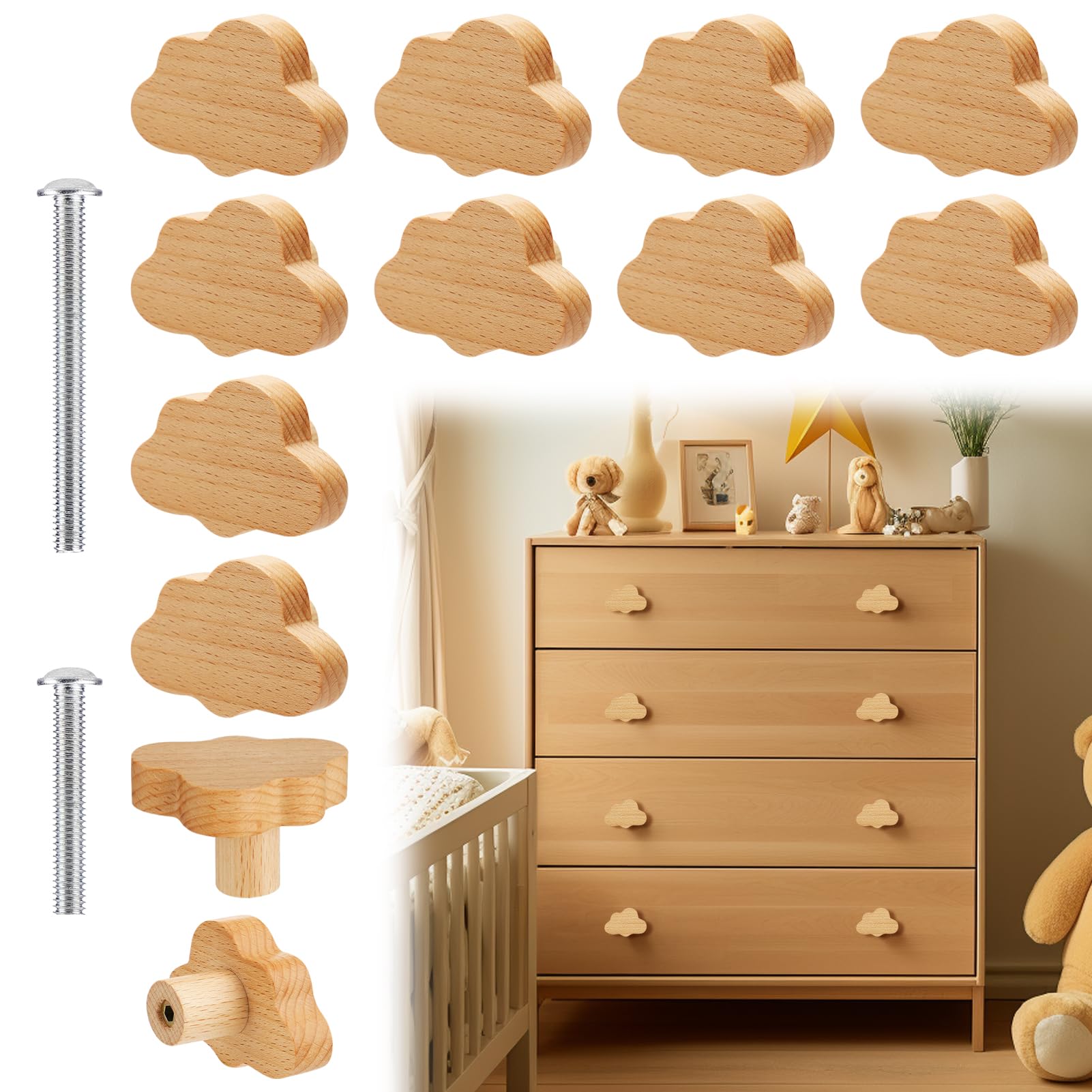 AlphatoolBoho Dresser Knobs- 12 Pack Durable Beech Wood Drawer Knobs Cloud-Shaped Wooden Dresser Pulls with 24 Screws for Cabinets, Furniture