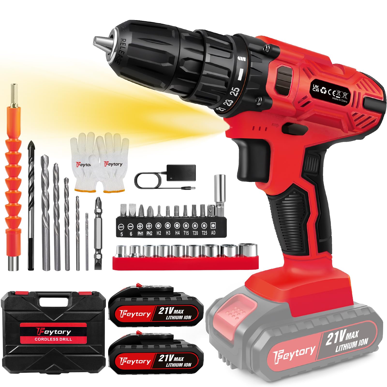 Cordless Drill Screwdriver 21V 45Nm Electric Drilling Machine Electric Screwdriver Max Torque 45Nm 2-Speed Woodworking with 2X 1500mAh Li-ion Batteries