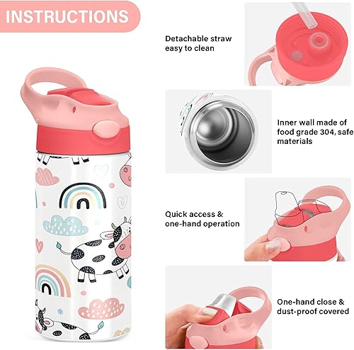 Miniatura 5 de Burbuja Cute Cow - Botella de agua para niños, sin BPA, aislada al vacío, de acero inoxidable, con tapa con pajilla, para niños y niñas, a prueba de