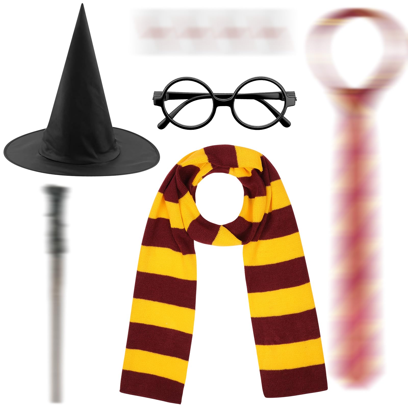 Aomig Wizard Costume Accessories Set Red and Gold Wizard Stripe Scarf Tie Glasses Magic Wand Sticker Wizard Hat, School Uniform Neckties Retro Glasses Set for Halloween Fancy Dress Costume Accessory — image 1