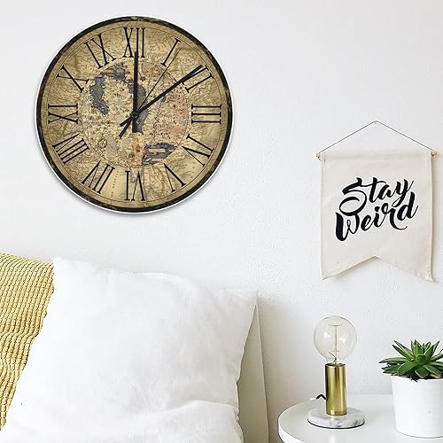 Miniatura 3 de Reloj de pared clásico retro con mapa del mundo, reloj de cocina vintage, reloj de pared de viaje con mapa del mundo, funciona con pilas, silencioso