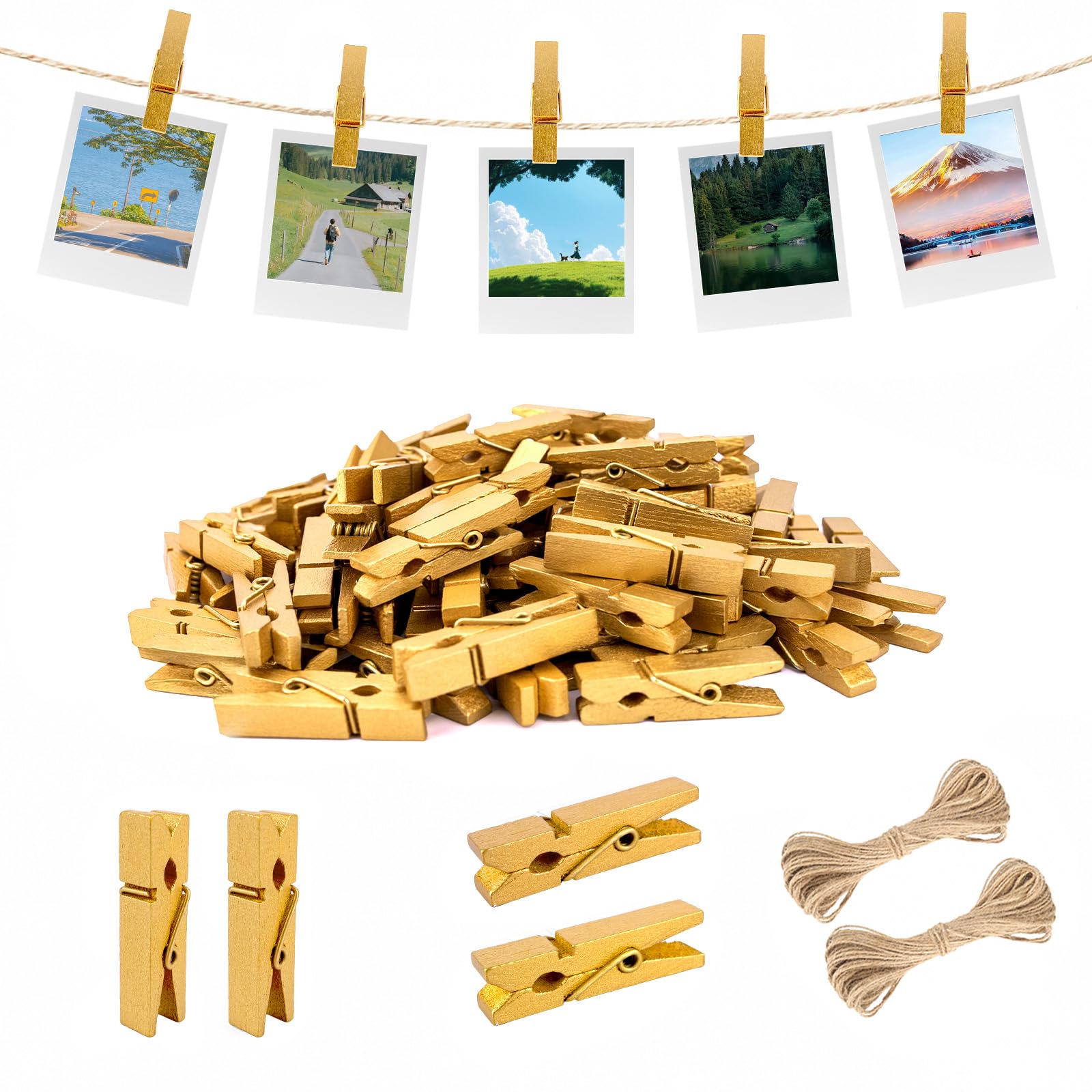 jijAcraft 1.4Inch Mini Clothes Pins - 100Pcs Wooden Clothespins with String
