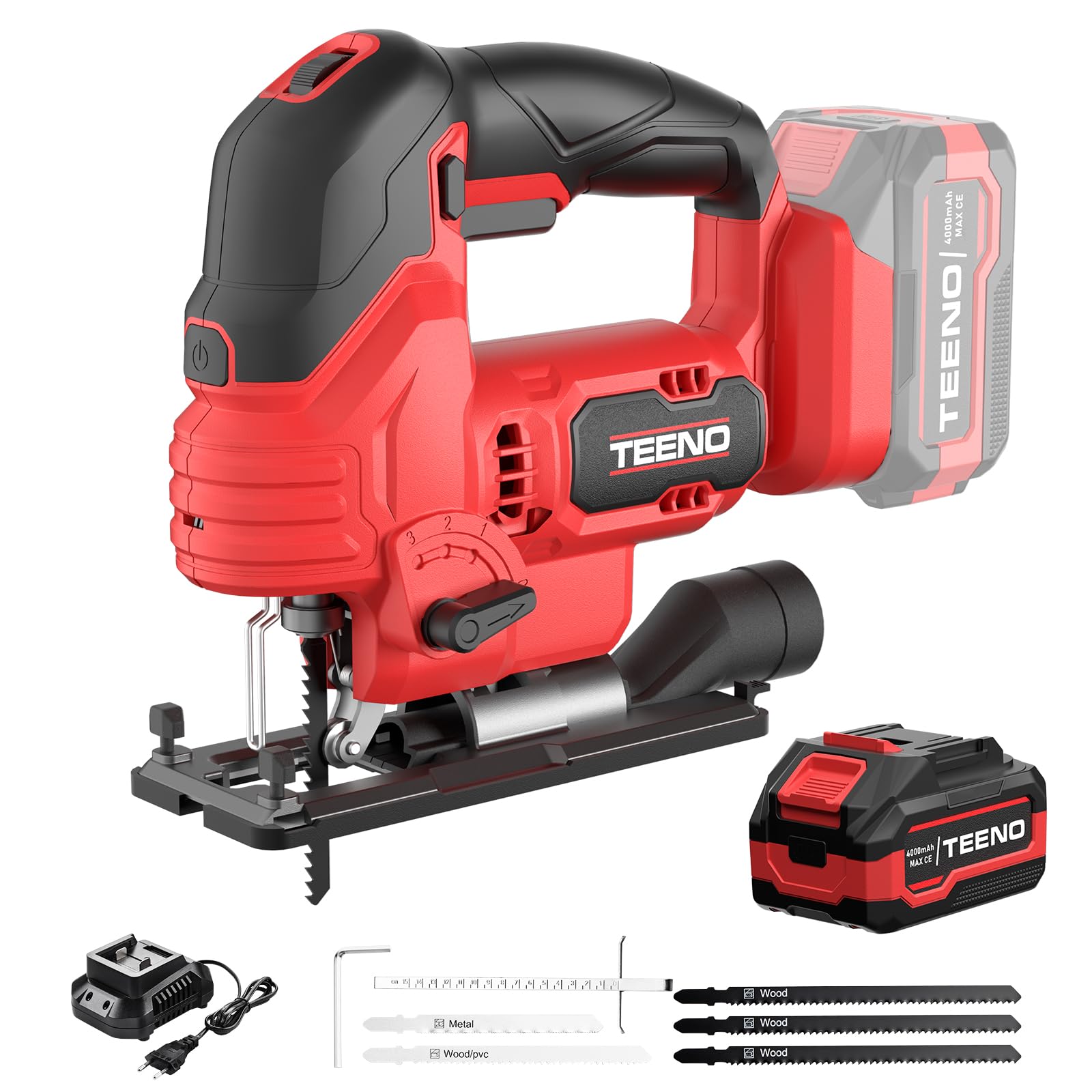Makita 20V 4.0Ah Sierra de Calar Inalámbrica, 800-3000 SPM, Corte ±45°, 6 Velocidades, LED, para Madera Metal Plástico