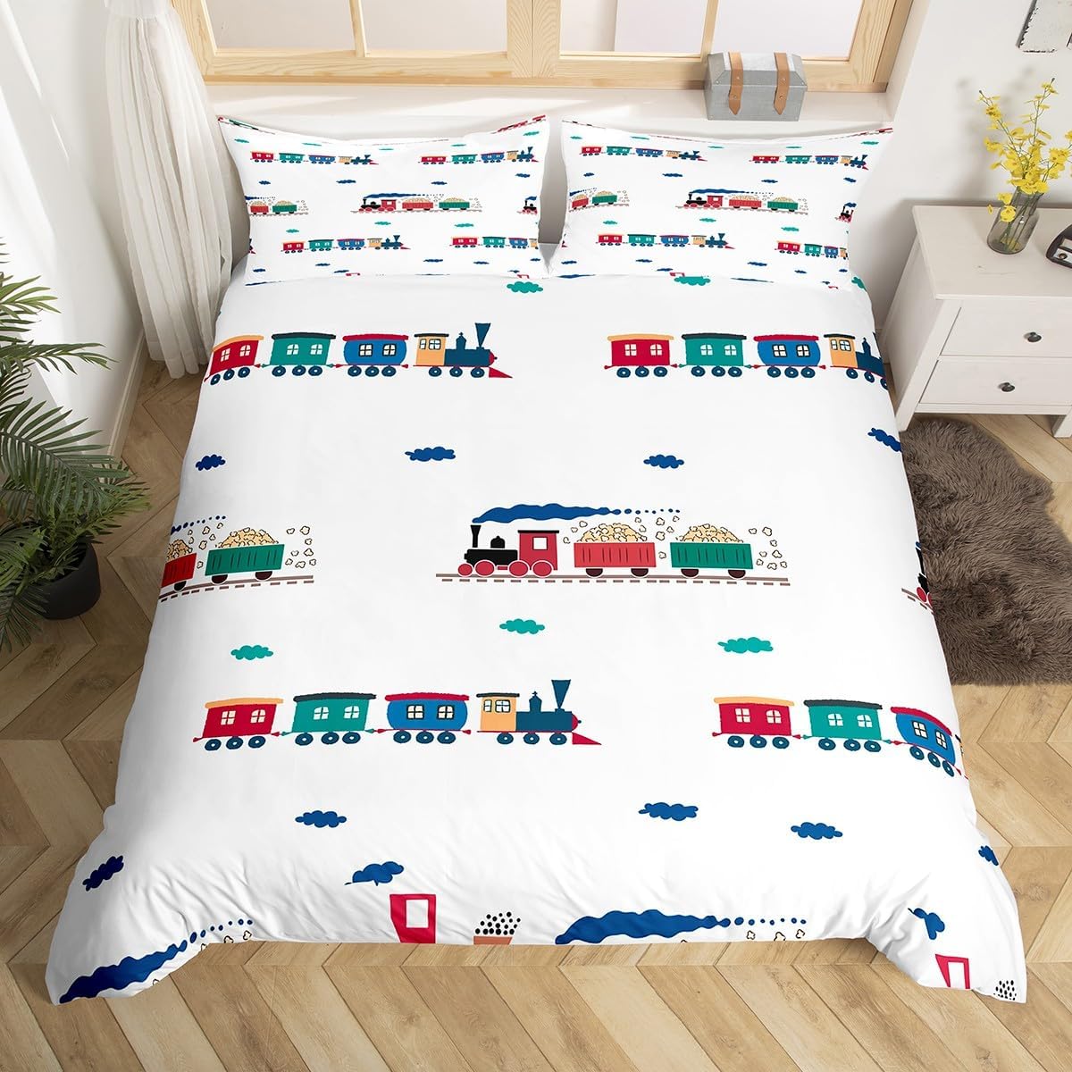 Cartoon Car Bedding Set Kids Train Duvet Cover Set Queen Size Boys Girls Colorful Clouds Decor Comforter Cover White Microfiber Train Construction Rail Roads Quilt Cover 3Pcs Teens Bedroom Decor