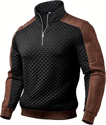 Mens Quilted Pullover Long Sleeve Half Zip Stand Collar Sweatshirt with Faux Shoulder and Panels
