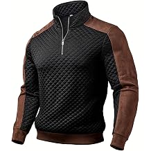 Mens Quilted Pullover Long Sleeve Half Zip Stand Collar Sweatshirt with Faux Shoulder and Panels