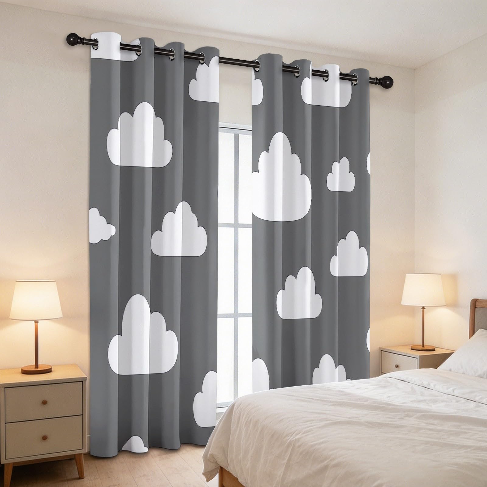 Rideau Occultant Isolants Thermiques À Oeillets Nuages Minimalistes, 140 x 260 cm Lot de 2 Rideaux Thermiques Isolants Anti Froid Imprimé pour Salon Chambre Bebe Enfant, Blanc