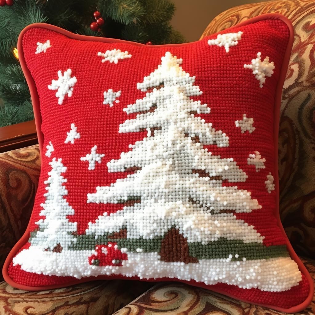 FWRTYCB Latch Hook Pillow Kit,Christmas Tree DIY Needlework Pillow Cover