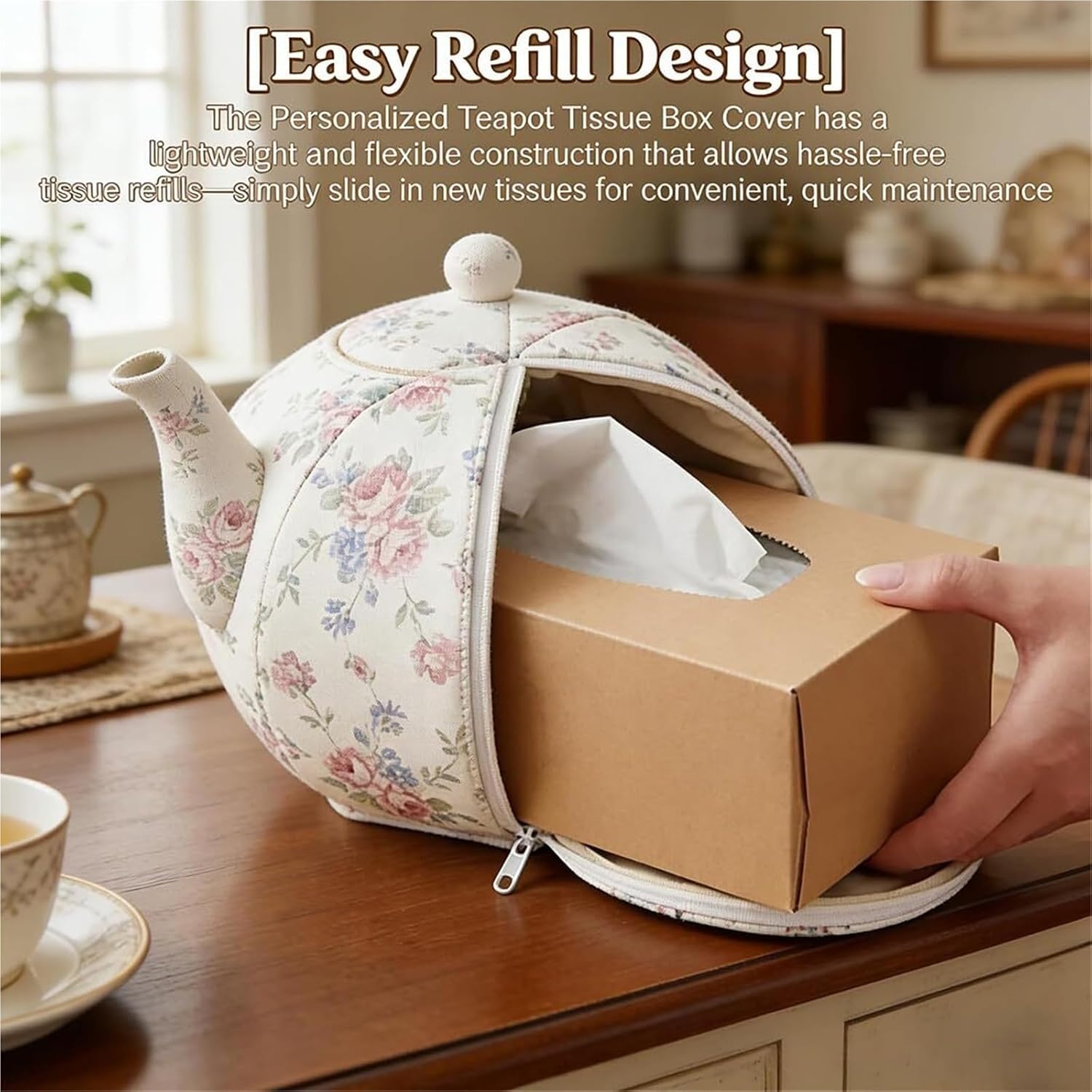 Personalized Teapot Tissue Box Sleeve, Mom's Afternoon Tea Time teapot-Shaped Tissue Box, Decorative Fabric Floral Pattern a Home décor Choice(2pcs)