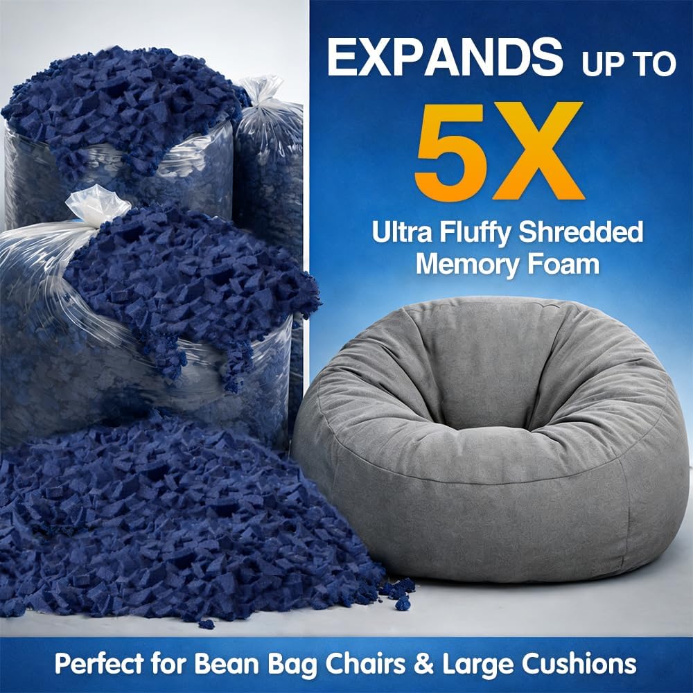 Bean Bag Filler, 15lbs Blue Memory Foam Filling for Beanbag Chair, Couch Cushions, Pillows, Dog Beds, Pouf Ottoman, Punching Bag Filler, Grappling Dummy, Packing Peanuts Replacement