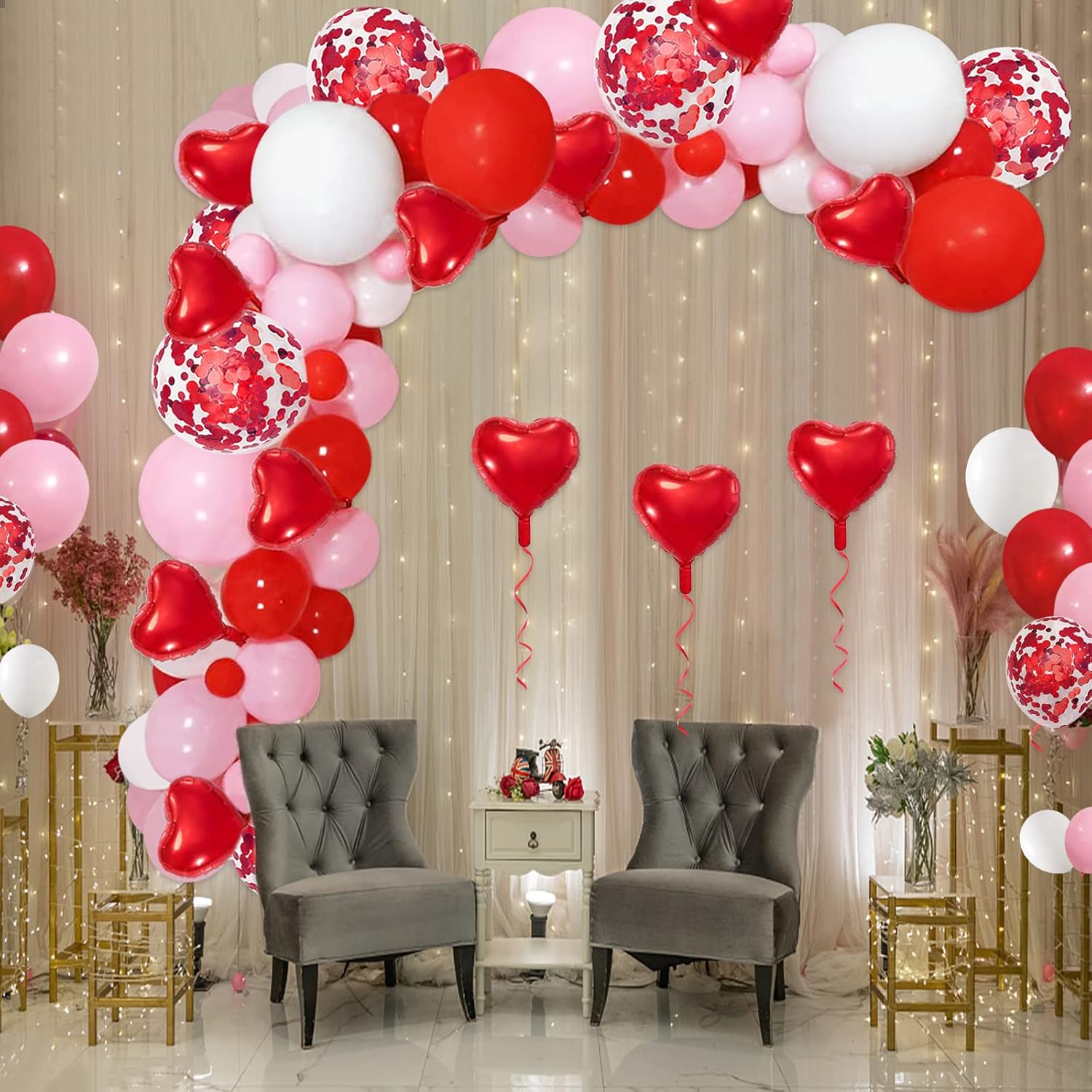 114 Pack Valentines Day Balloons Arch with 500pcs Red Rose Petals, Red White and Pink Balloon Garland Red Heart Foil Balloons, Valentines Balloon Arch for Wedding Engagement Party