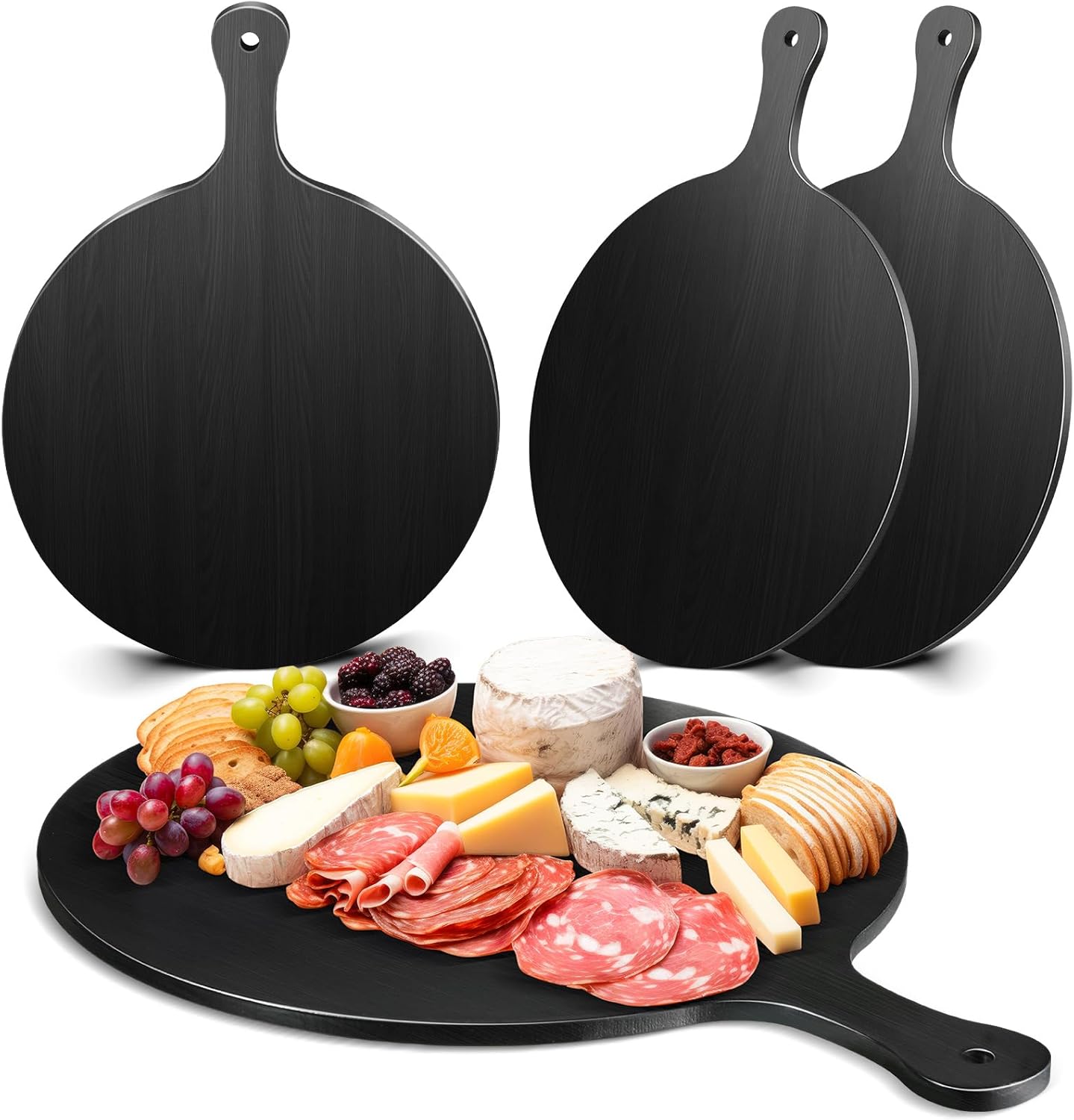 3 Pcs Round Black Cutting Board with Handle Bamboo Cheese and Chopping Board Black Platter Tray Charcuterie Boards for Kitchen Pizza Bread Vegetables DIY Holiday Present (9 Inch)