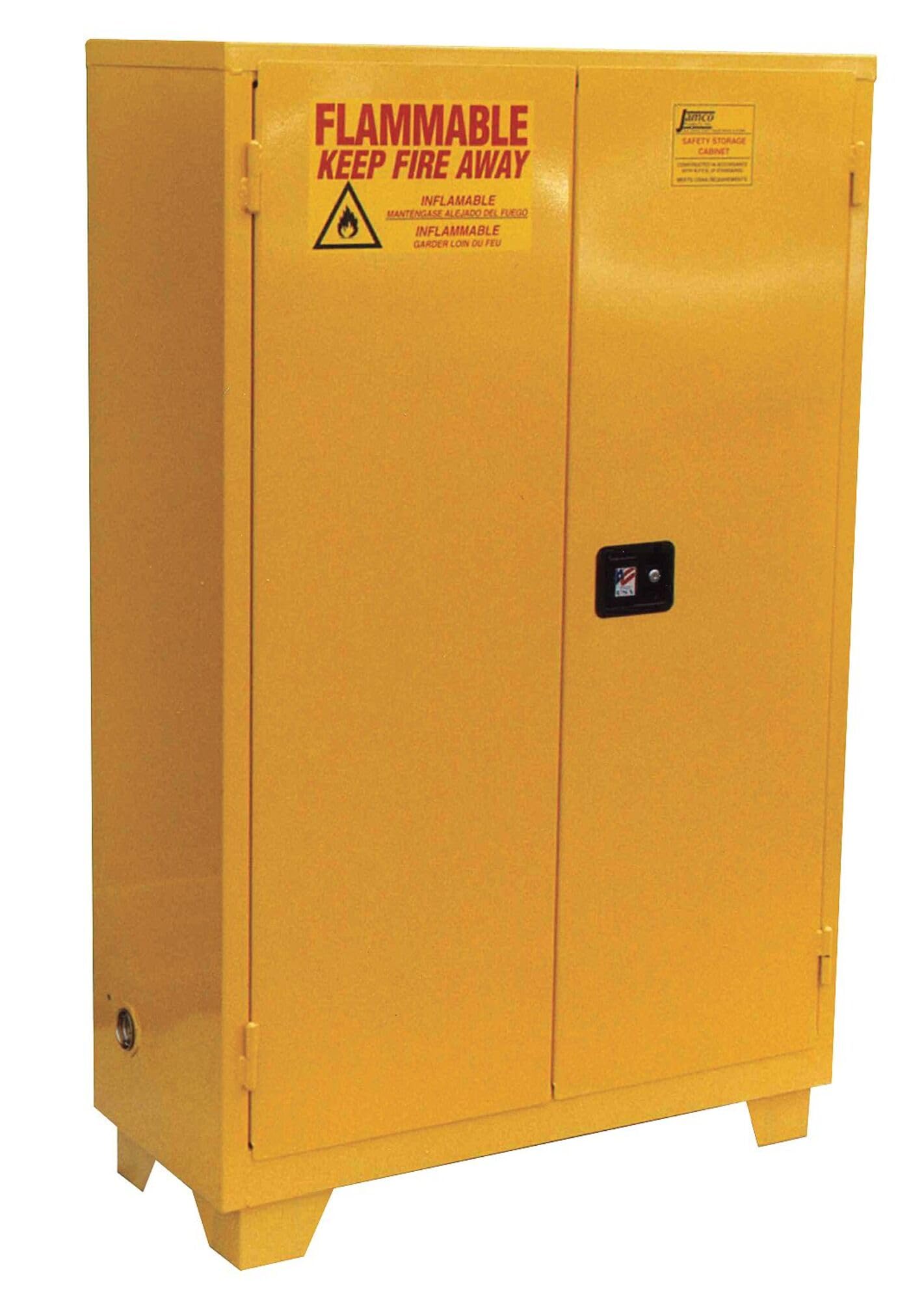 Jamco Products, Inc., Safety Cabinets With Legs - With Manual Doors, Jhrm-28, Capacity Gallons: 28, Size W X D X H: 34 X 18 X 49, Number Of Shelves Included: 2, Design: Manual Close, Weight-Lbs: 230, Fm28