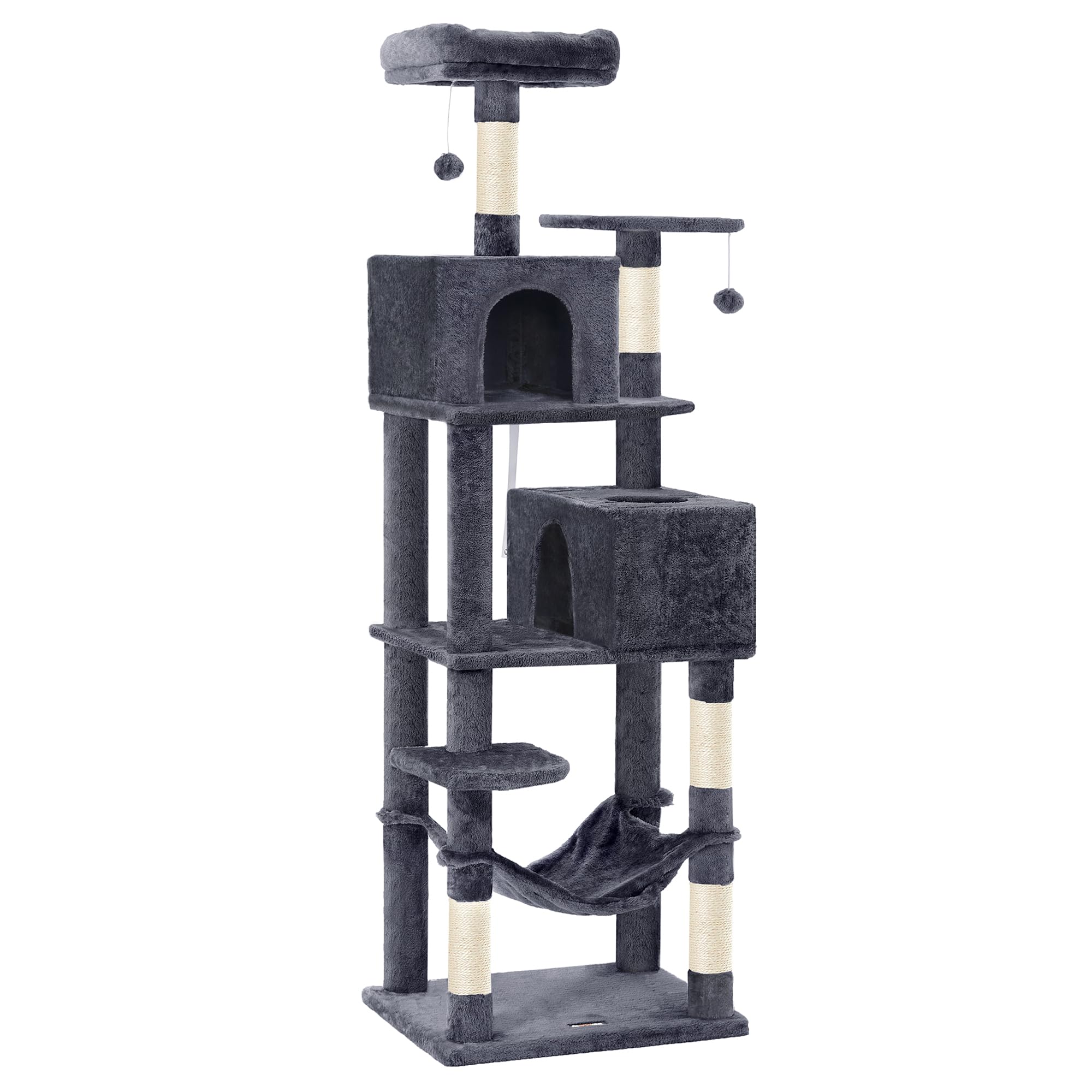 Feandrea Cat Tree, 73.2-Inch Tall Cat Tower, Plush Multi-Level Condo with 5 Scratching Posts, 2 Perches, 2 Caves, Hammock, 2 Pompoms, Smoky Gray UPCT191G01