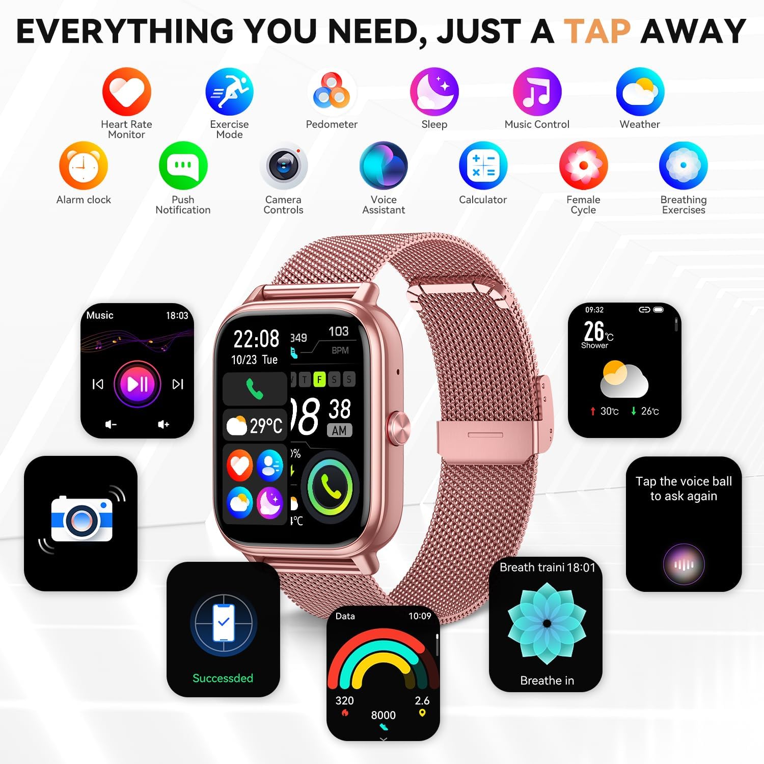 Smart Watch for Women Men- 1000mAh Battery Answer/Make Call, Fitness Step Tracker Watch with Sleep Monitor/Activity Counter/110+ Sport Mode for Andriod iPhone iOS Compatible - 3 Straps, Pink