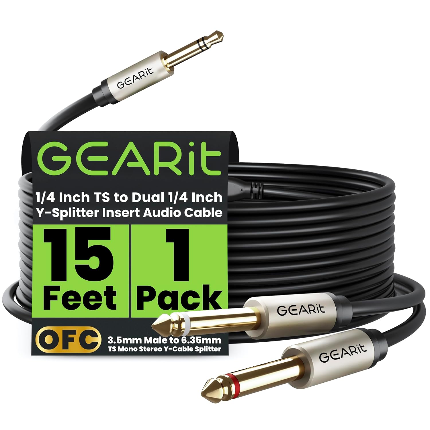 GEARit (2-Pack Dual 1/4 to 1/8 inch (3.5mm Male to 6.35mm TS Mono Stereo Y-Cable Splitter) 15 Feet