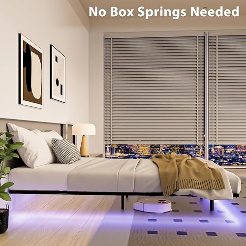Miniatura 9 de Base de cama flotante tamaño Queen con luces LED inteligentes, plataforma de metal moderna, marco de cama flotante Queen – Resistente y fácil
