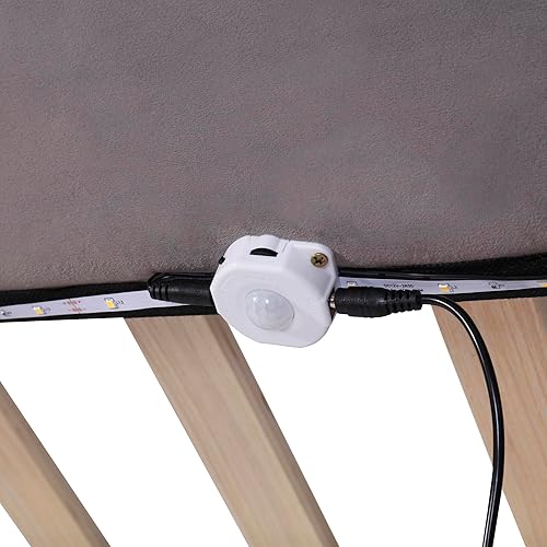 Miniatura 189 de Base de cama flotante tamaño Queen con luces LED y carga USB, marco de cama LED de plataforma tapizada moderna, no necesita somier (blanco-1)