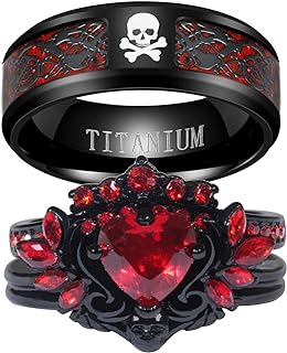 Couple Rings Matching Rings Black Wings Skull Ring 1.5ct Red CZ Womens Wedding Ring