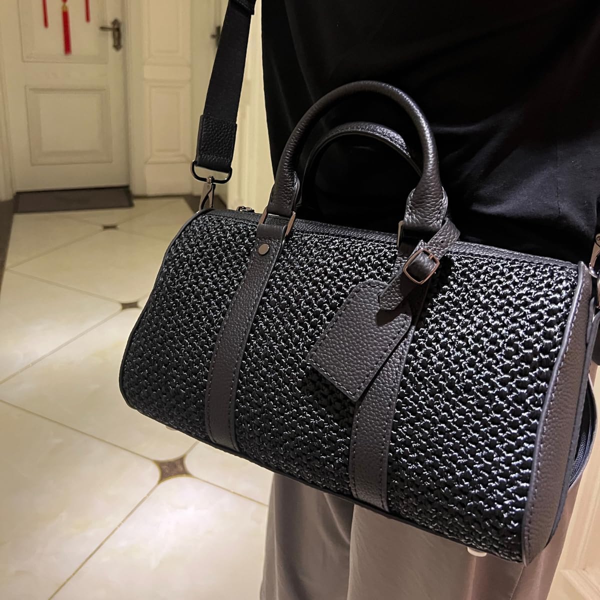 Handwoven Raffia Luxury Duffle Bag with Genuine Leather Trim, Carry-On Crossbody Bag Travel Tote