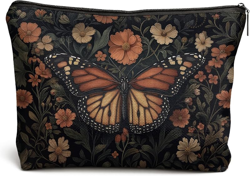Necessaire de maquiagem floral vintage DOFQZ com borboletas e zíper, 1 unidade