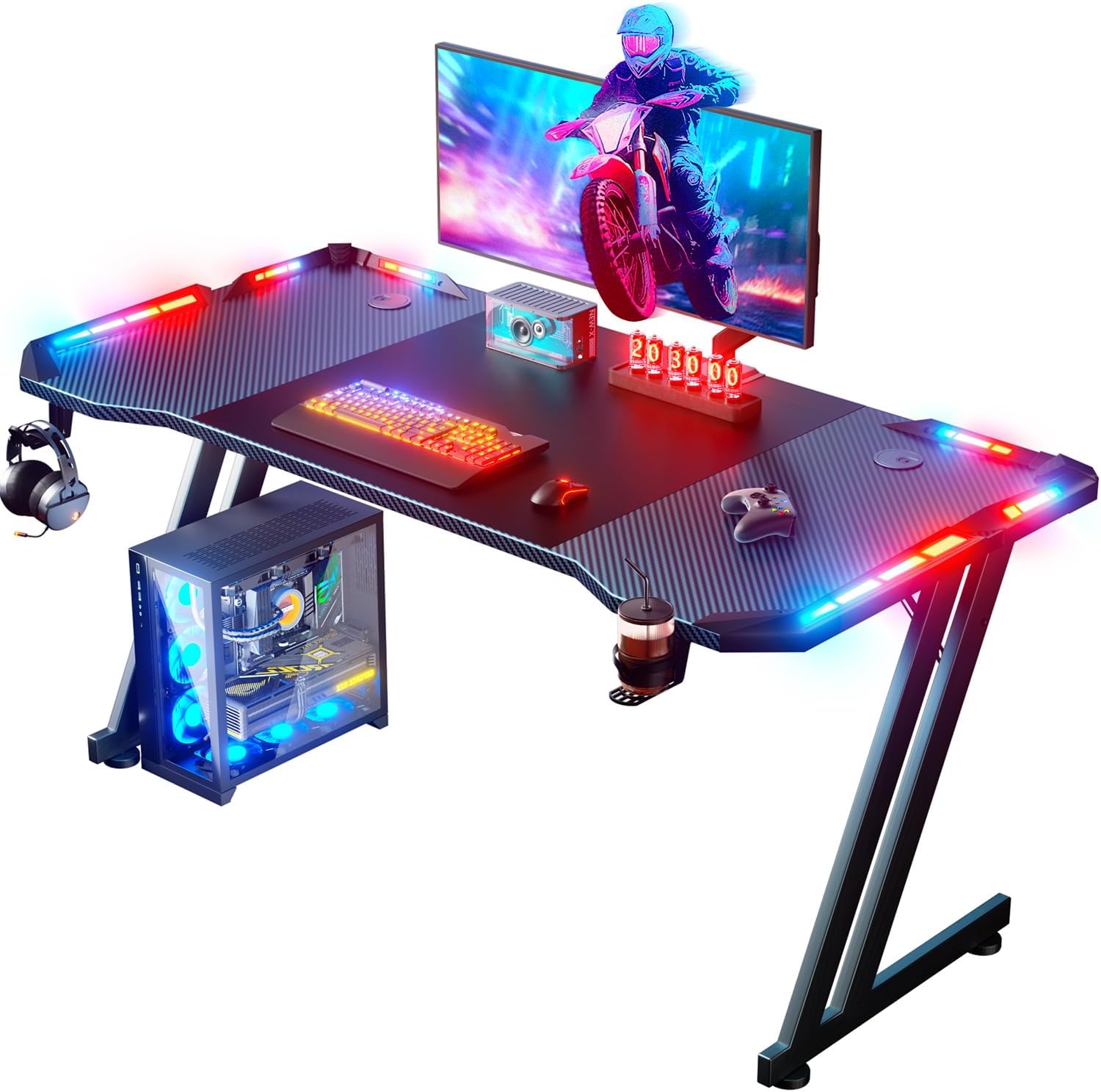 Mesa de jogos com LED, ergonômica mesa Gamer, 140 cm × 60 cm, mesa de ...