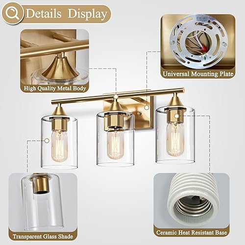 Miniatura 5 de Lámparas de baño doradas, 3 luces, moderna lámpara de pared dorada de latón cepillado, lámpara de pared de baño para espejo, dormitorio, sala de