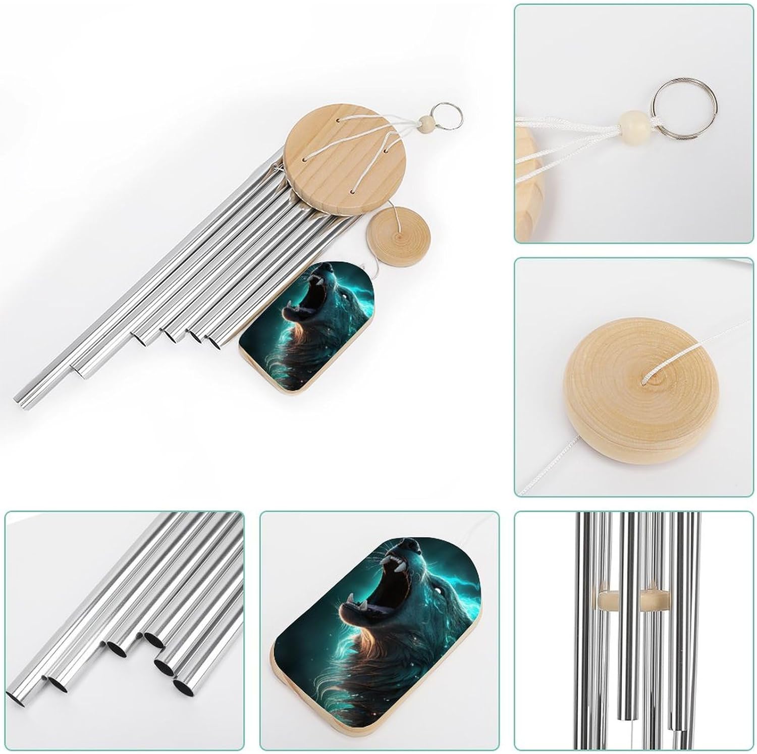 Howling Wolf Wooden Wind Chimes Deep Tone Memorial Windchime for Outside Garden Home Decoration