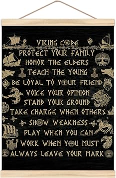 HKTZM Viking Code Wall Decor, Inspirational Viking Wall Art With Wooden Poster Hanger, Vintage Medieval Vegvisir Runes Posters Walls Decoration for Home Bedroom Living Room Office, 12x16 Inch