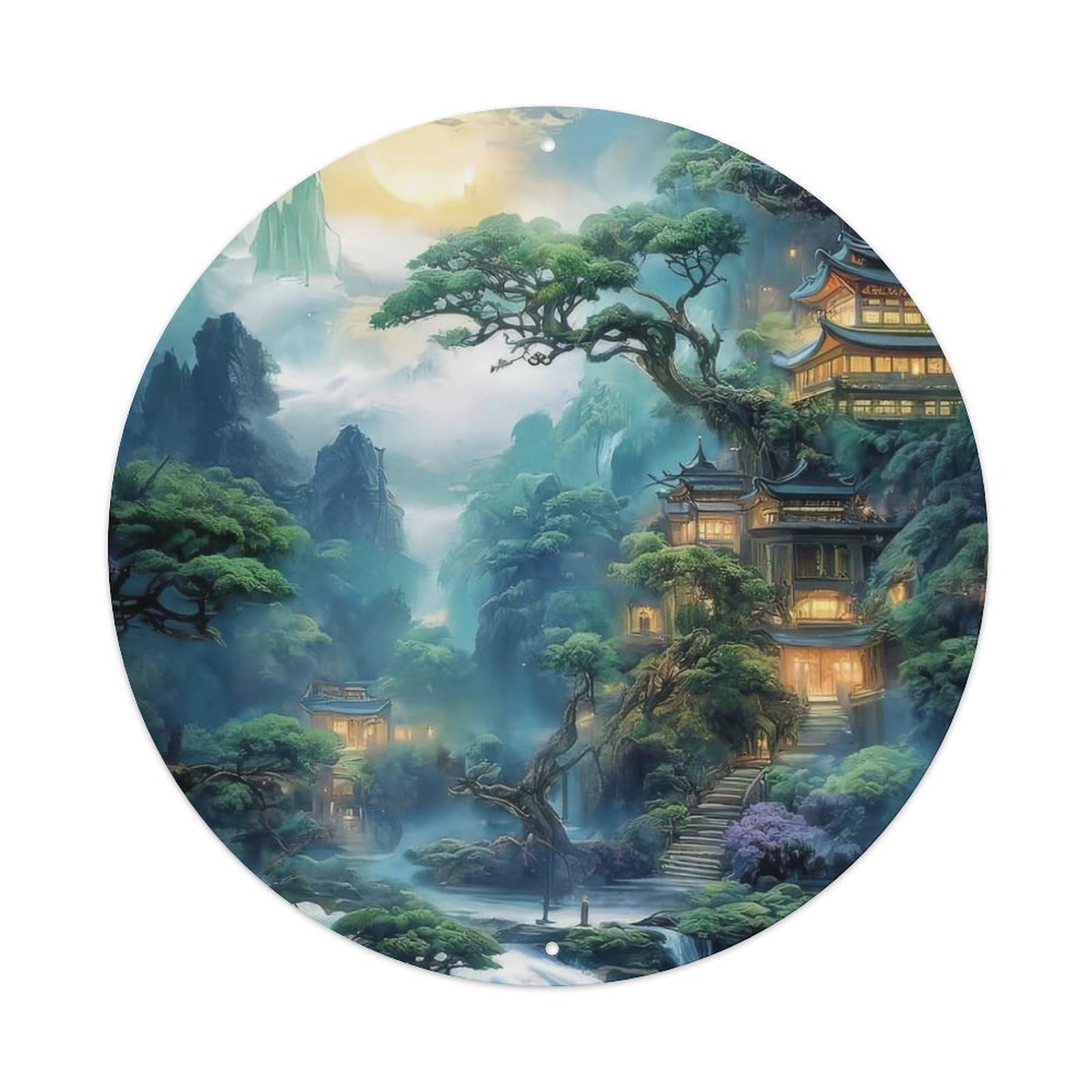 Waterfall Ancient Palace by Waterfall Scene Vintage Metal Tin Sign Plaque