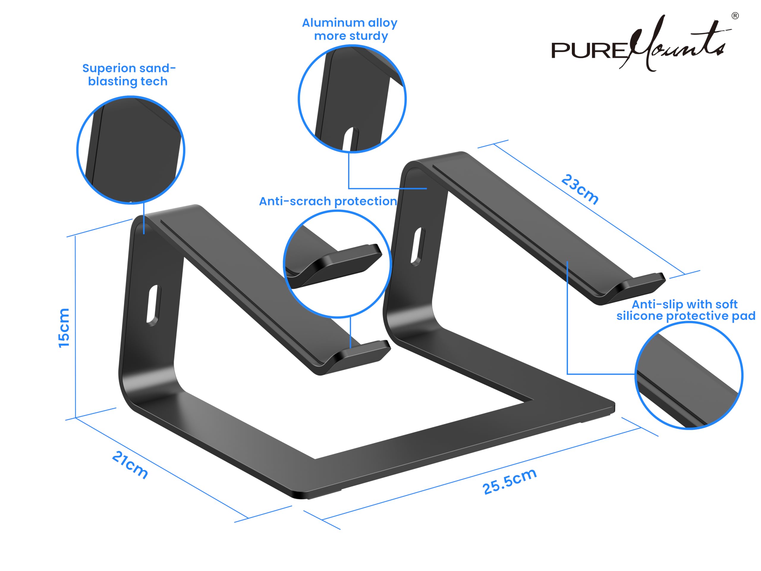 PureMounts Soporte Ultra Delgado, Soporte Ergonómico de Aluminio para Portátil con Ventilación y Almohadillas Antideslizantes, Ahorra Espacio en la Oficina, Negro