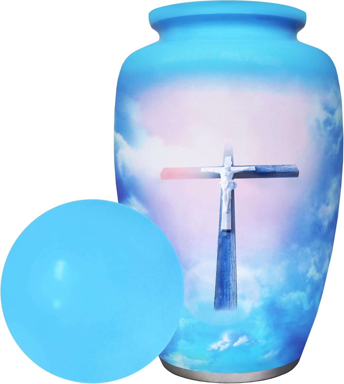 Cremation Urns for Human Ashes Adult Female or Male, Urn for Ashes for Women or Man, Soulful Religion Cross, Burial, Funeral Decorative Urn, Blue Sky and White Clouds, Crosses Urns - Large