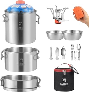 Backpacking Cooking Set with Mini Stove, Stainless Steel Camping Cookware with Carrying Bag for 1-2, Camping, Hiking, Backpacking, Bushcraft and Picnic